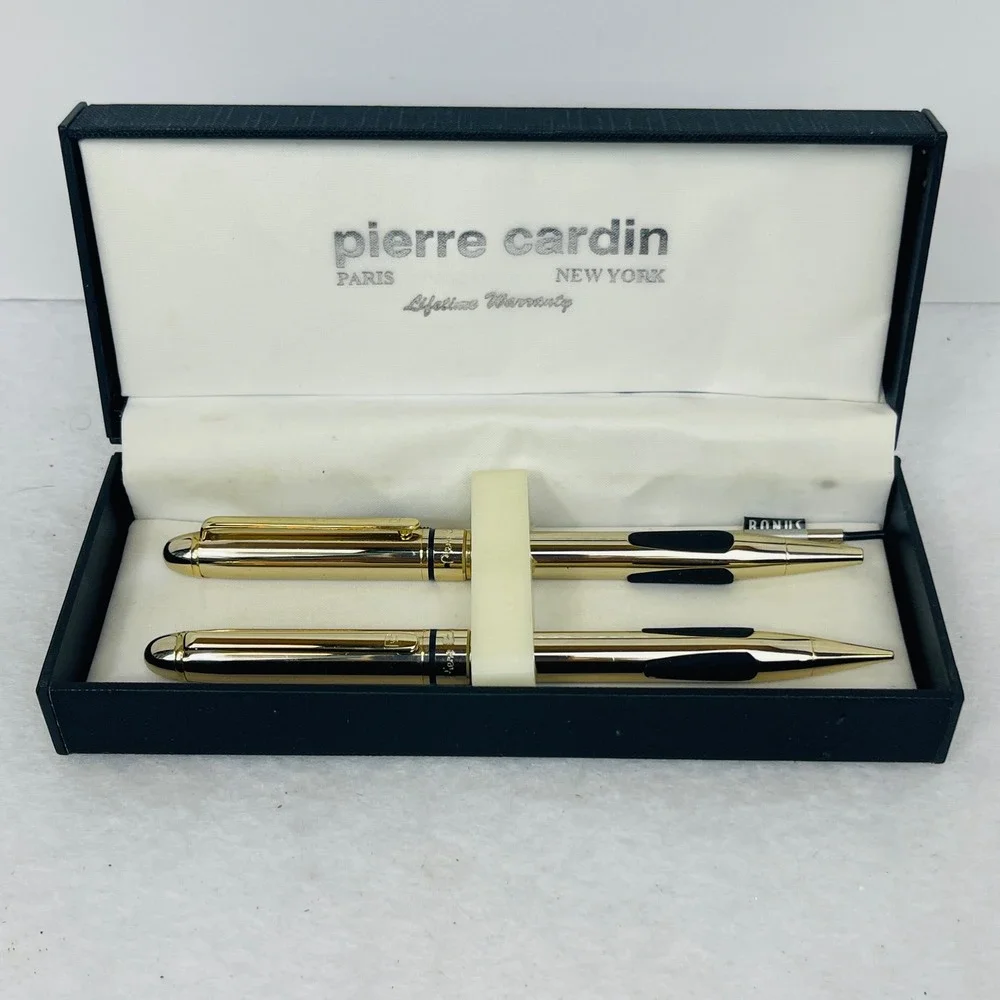 Pierre Cardin Paris New York Gold Tone Pen and Pencil Set with Case and Refill